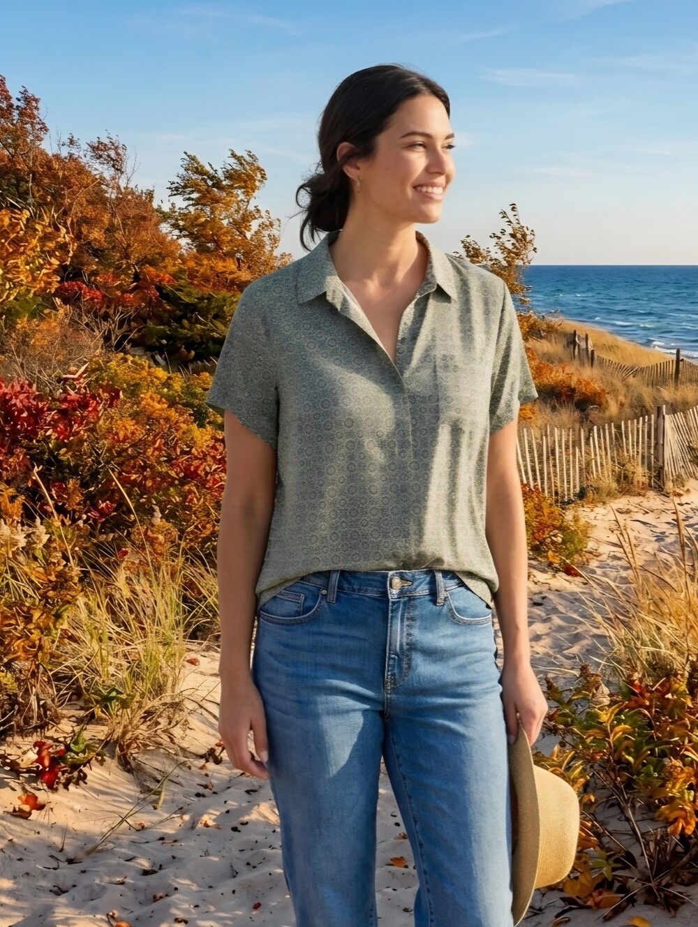 croft & barrow Olive Green Short-Sleeve Blouse with Geometric Print